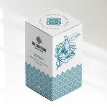Load image into Gallery viewer, The Chai Stand Deep Blue box which has a beautiful mandala and saying on the lid and includes a picture of a butterfly pea outline. Organic Blend, Handmade. 
